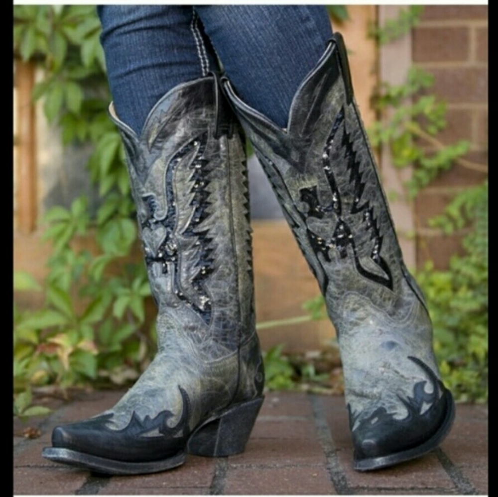 Corral Eagle Sequin Inlay Snip Toe Cowgirl Boots - Picture 2 of 16